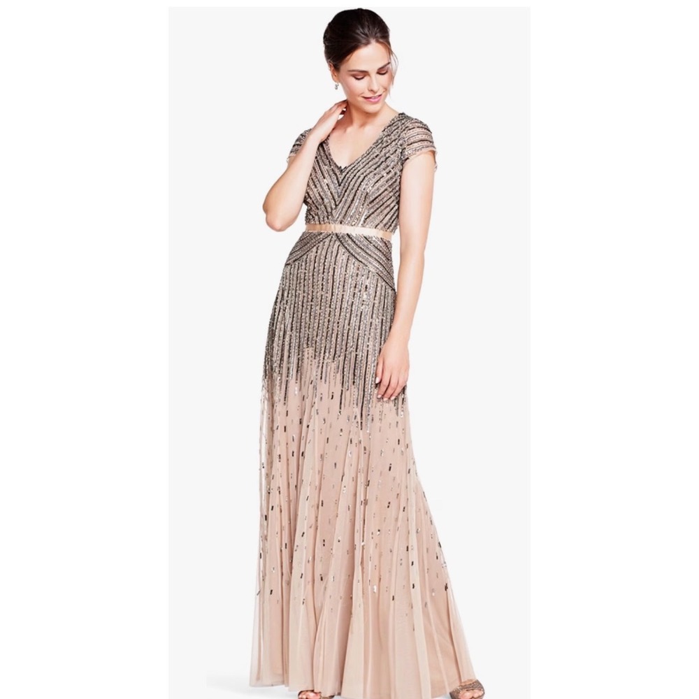 Adrianna Papell Beaded Sequin V-Neck Gown Cap Sleeve Maxi Dress Champagne Silver - Picture 4 of 16